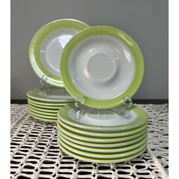 Pyrex Vintage Milk Glass White with Lime Green Rim Tea Set - Picture 2 of 9
